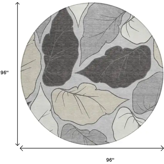 8' Silver Gray And Beige Round Botanical Leaves Washable Indoor Outdoor Area Rug Photo 3