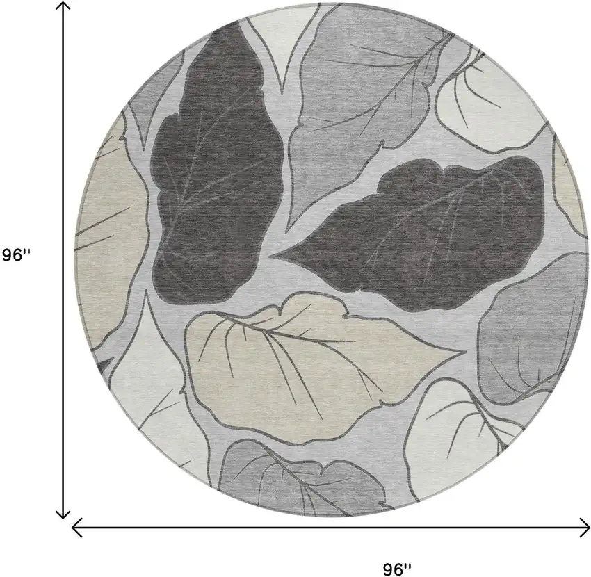 8' Silver Gray And Beige Round Botanical Leaves Washable Indoor Outdoor Area Rug Photo 3