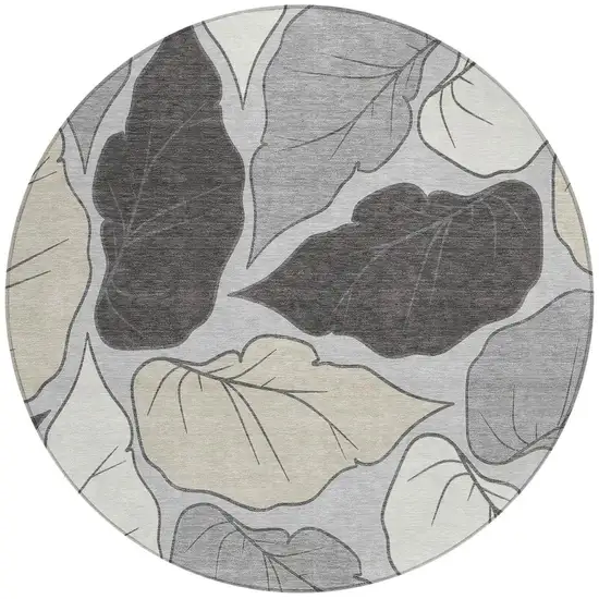 8' Silver Gray And Beige Round Botanical Leaves Washable Indoor Outdoor Area Rug Photo 4