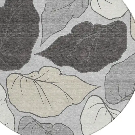 8' Silver Gray And Beige Round Botanical Leaves Washable Indoor Outdoor Area Rug Photo 6