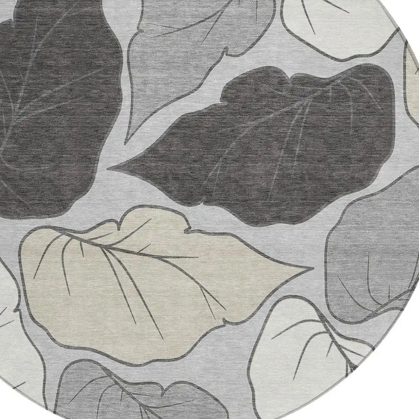 8' Silver Gray And Beige Round Botanical Leaves Washable Indoor Outdoor Area Rug Photo 6