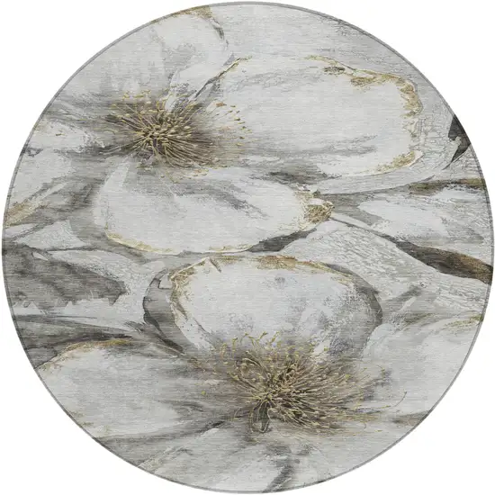 8' Silver Gray And Beige Round Floral Washable Indoor Outdoor Area Rug Photo 1