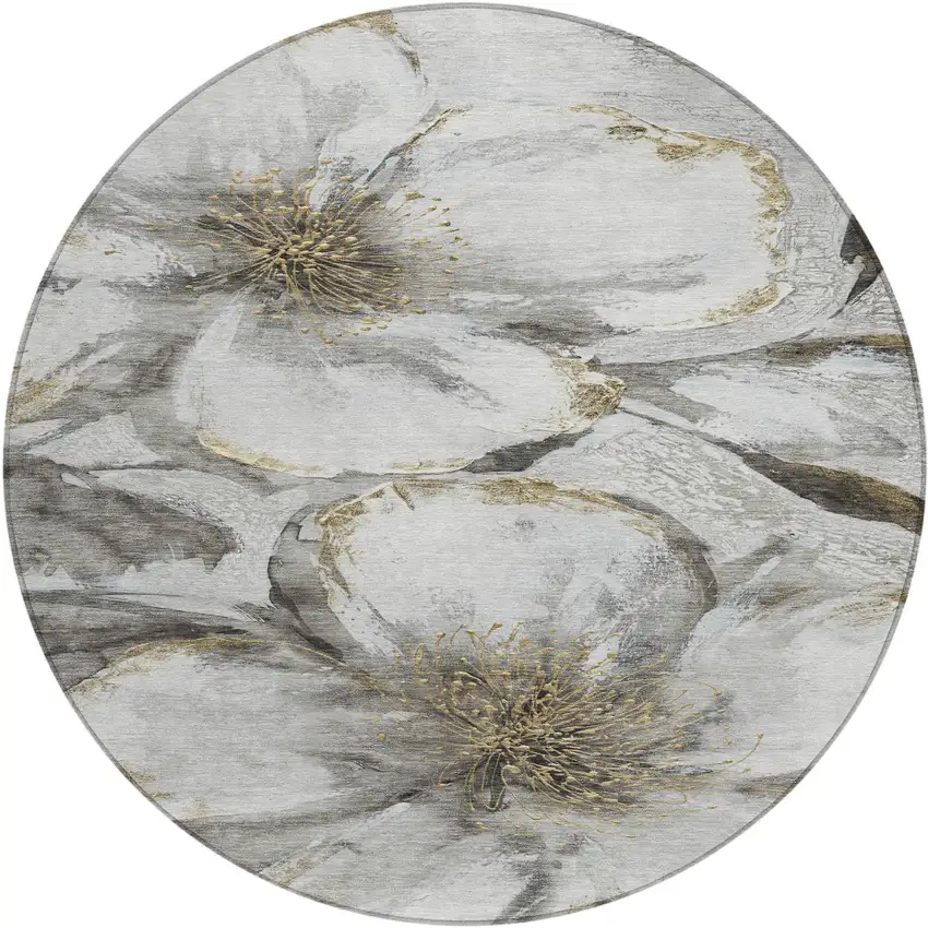 8' Silver Gray And Beige Round Floral Washable Indoor Outdoor Area Rug Photo 1