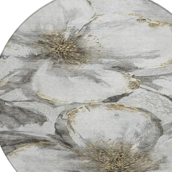 8' Silver Gray And Beige Round Floral Washable Indoor Outdoor Area Rug Photo 9