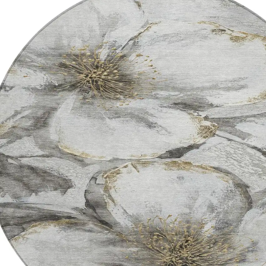 8' Silver Gray And Beige Round Floral Washable Indoor Outdoor Area Rug Photo 9