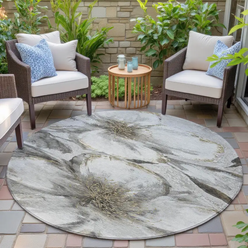 8' Silver Gray And Beige Round Floral Washable Indoor Outdoor Area Rug Photo 5