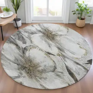 Photo of 8' Silver Gray And Beige Round Floral Washable Indoor Outdoor Area Rug
