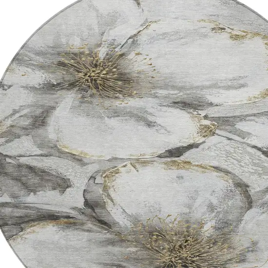 8' Silver Gray And Beige Round Floral Washable Indoor Outdoor Area Rug Photo 4