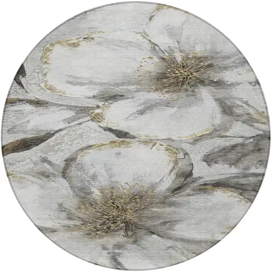 8' Silver Gray And Beige Round Floral Washable Indoor Outdoor Area Rug Photo 3