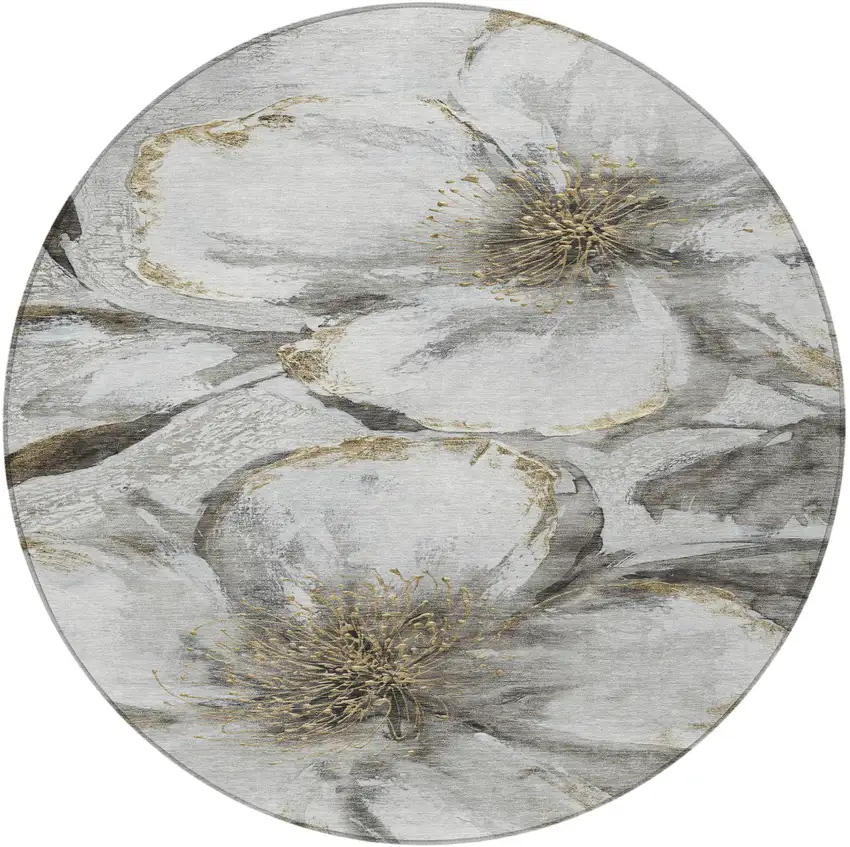 8' Silver Gray And Beige Round Floral Washable Indoor Outdoor Area Rug Photo 3