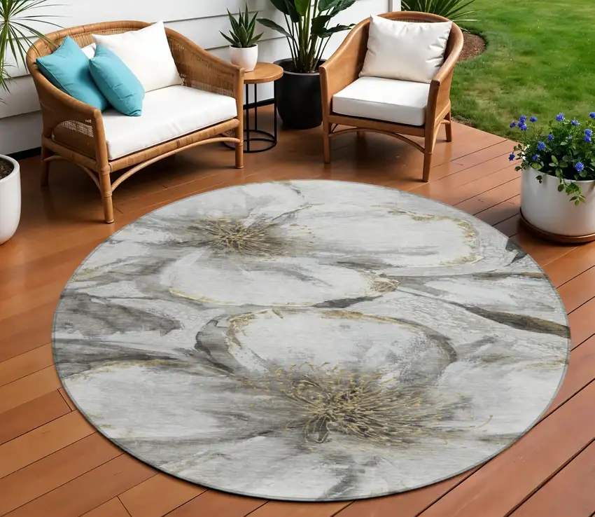 8' Silver Gray And Beige Round Floral Washable Indoor Outdoor Area Rug Photo 2