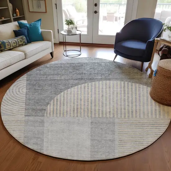 8' Silver Gray And Beige Round Geometric Washable Indoor Outdoor Area Rug Photo 6