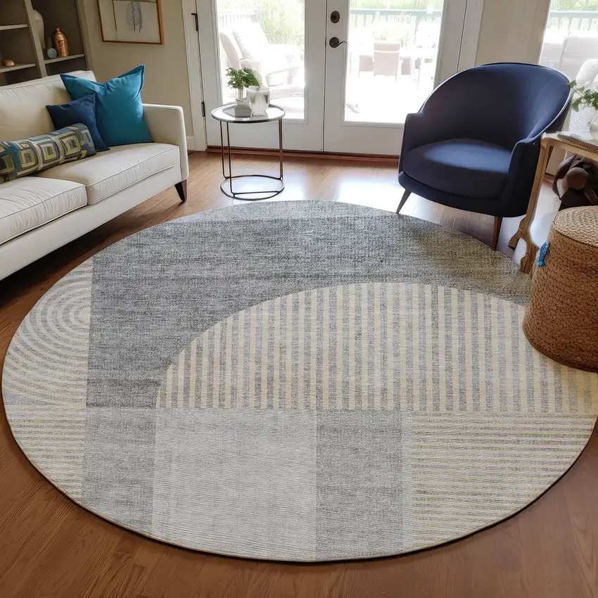 8' Silver Gray And Beige Round Geometric Washable Indoor Outdoor Area Rug Photo 6