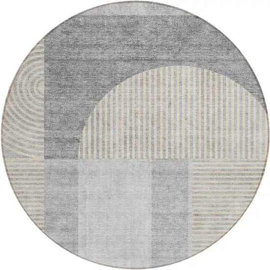 8' Silver Gray And Beige Round Geometric Washable Indoor Outdoor Area Rug Photo 1