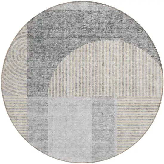 8' Silver Gray And Beige Round Geometric Washable Indoor Outdoor Area Rug Photo 1