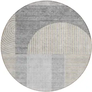 Photo of 8' Silver Gray And Beige Round Geometric Washable Indoor Outdoor Area Rug