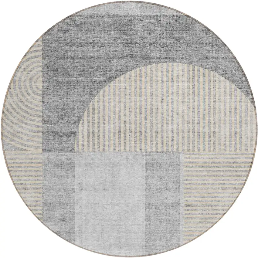 8' Silver Gray And Beige Round Geometric Washable Indoor Outdoor Area Rug Photo 1