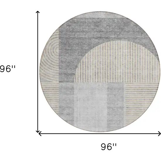 8' Silver Gray And Beige Round Geometric Washable Indoor Outdoor Area Rug Photo 7