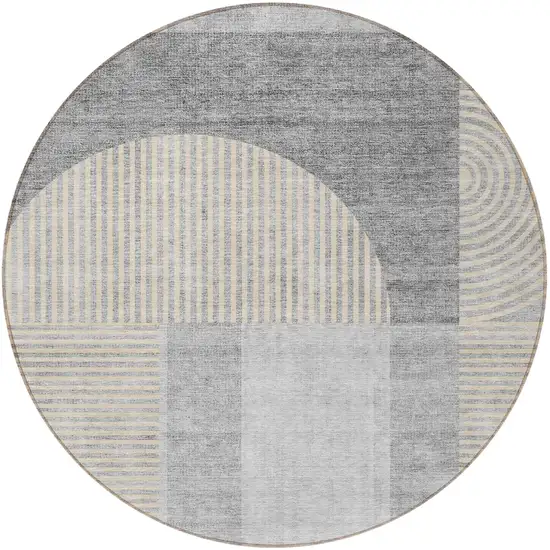 8' Silver Gray And Beige Round Geometric Washable Indoor Outdoor Area Rug Photo 4