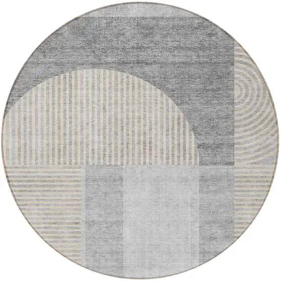 8' Silver Gray And Beige Round Geometric Washable Indoor Outdoor Area Rug Photo 4