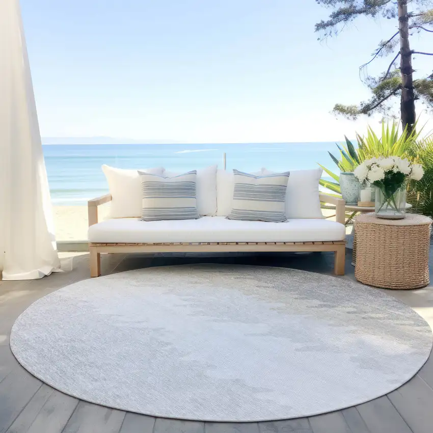 8' Silver Gray And Beige Round Striped Washable Indoor Outdoor Area Rug Photo 6