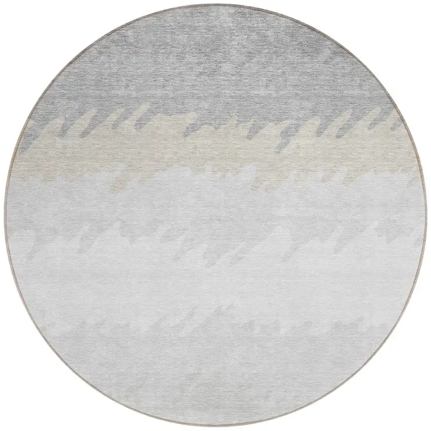 8' Silver Gray And Beige Round Striped Washable Indoor Outdoor Area Rug Photo 4