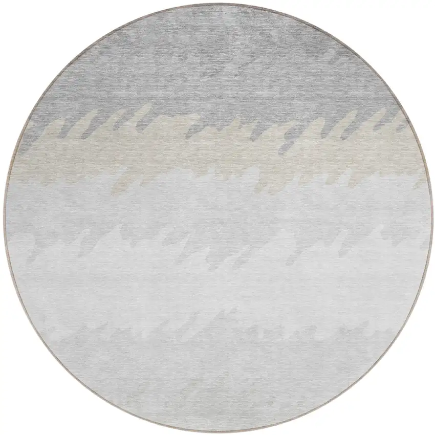 8' Silver Gray And Beige Round Striped Washable Indoor Outdoor Area Rug Photo 1