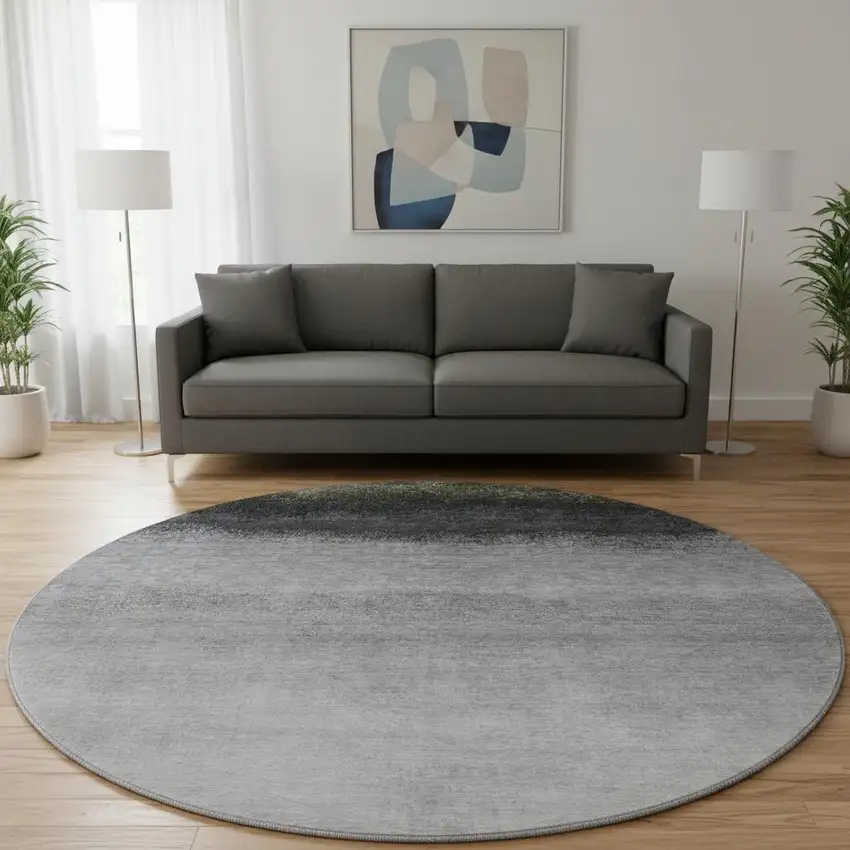 8' Silver Gray And Black Ombre Washable Round Rug With UV Protection Photo 2