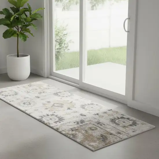6' Silver Gray And Blue Floral Distressed Runner Rug Photo 1