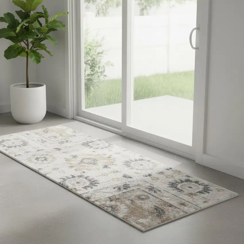 6' Silver Gray And Blue Floral Distressed Runner Rug Photo 1