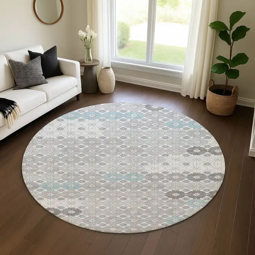 8' Silver Gray And Blue Geometric Washable Round Rug With UV Protection Photo 4