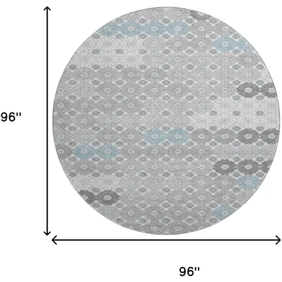 8' Silver Gray And Blue Geometric Washable Round Rug With UV Protection Photo 9
