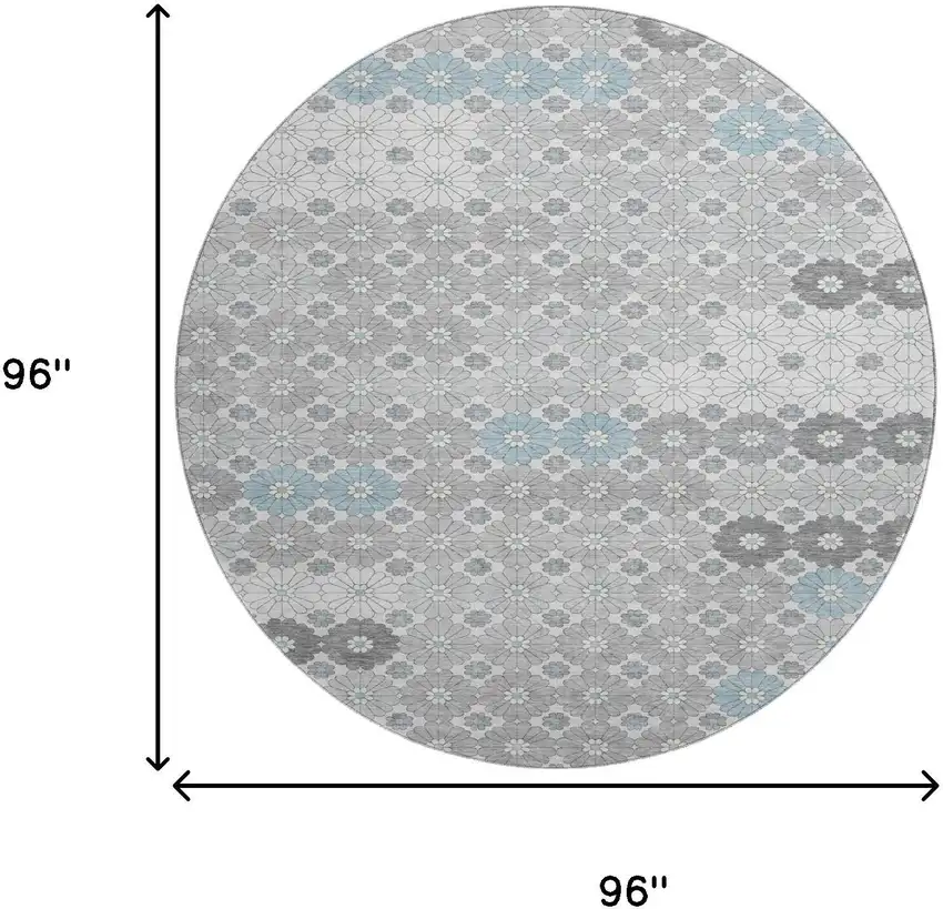 8' Silver Gray And Blue Geometric Washable Round Rug With UV Protection Photo 9