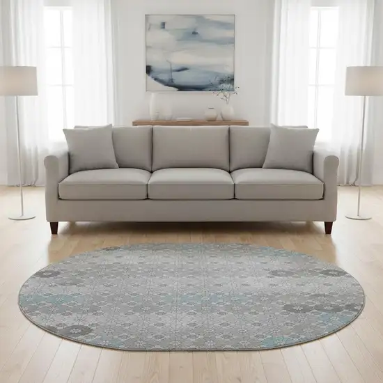 8' Silver Gray And Blue Geometric Washable Round Rug With UV Protection Photo 2