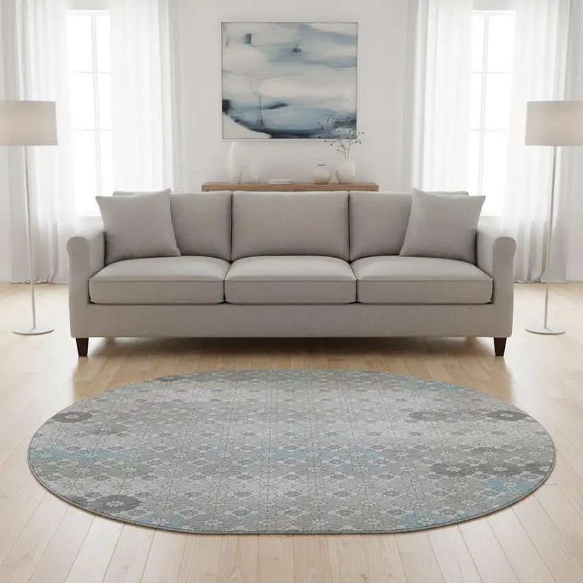 8' Silver Gray And Blue Geometric Washable Round Rug With UV Protection Photo 2