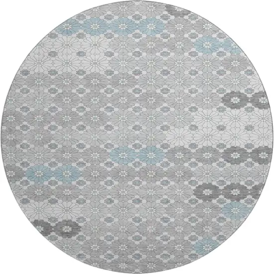8' Silver Gray And Blue Geometric Washable Round Rug With UV Protection Photo 1