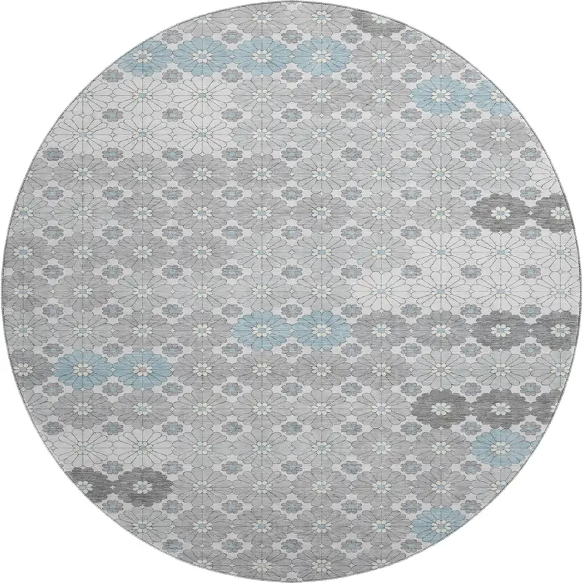 8' Silver Gray And Blue Geometric Washable Round Rug With UV Protection Photo 1