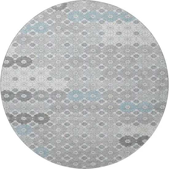 8' Silver Gray And Blue Geometric Washable Round Rug With UV Protection Photo 3