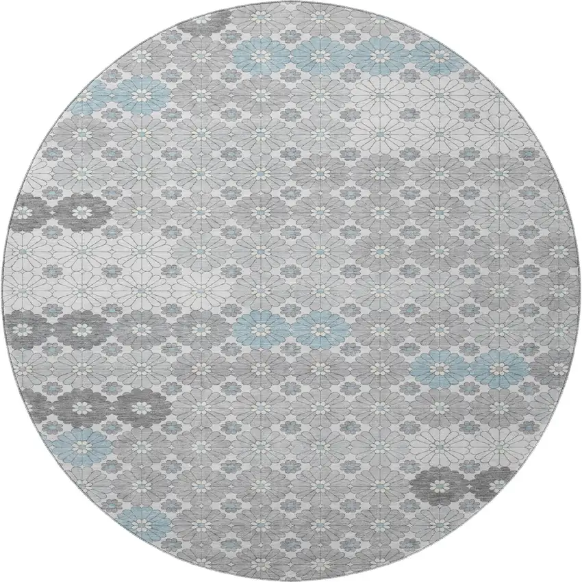 8' Silver Gray And Blue Geometric Washable Round Rug With UV Protection Photo 3