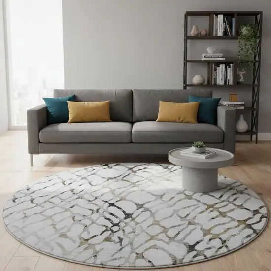 8' Silver Gray And Brown Abstract Washable Round Rug With UV Protection Photo 2