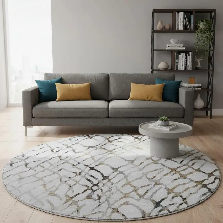 8' Silver Gray And Brown Abstract Washable Round Rug With UV Protection Photo 2