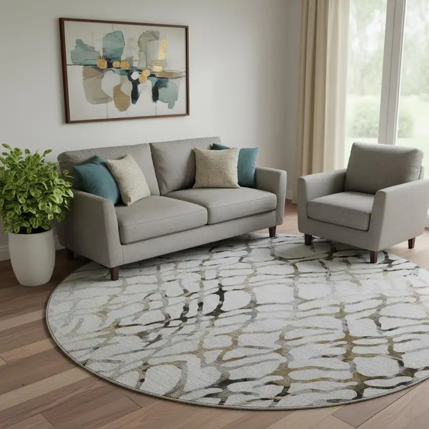 8' Silver Gray And Brown Abstract Washable Round Rug With UV Protection Photo 1