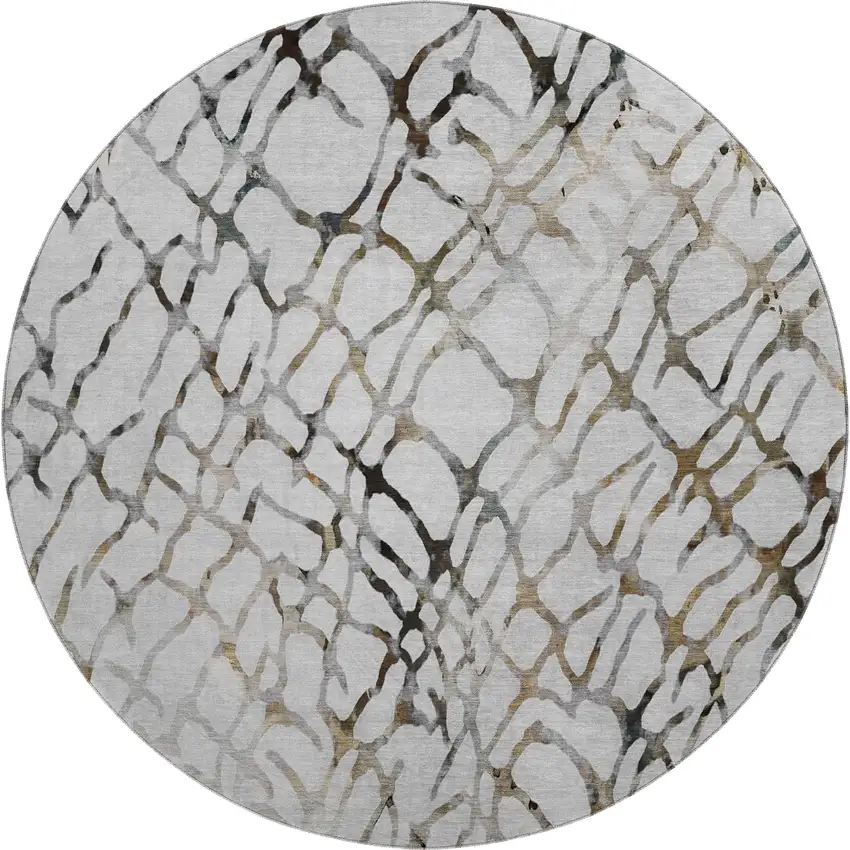 8' Silver Gray And Brown Abstract Washable Round Rug With UV Protection Photo 1