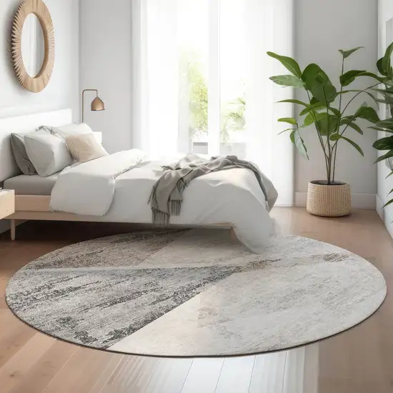 8' Silver Gray And Brown Geometric Washable Round Rug With UV Protection Photo 5