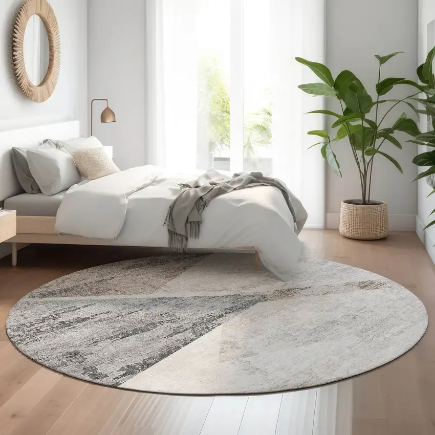 8' Silver Gray And Brown Geometric Washable Round Rug With UV Protection Photo 5