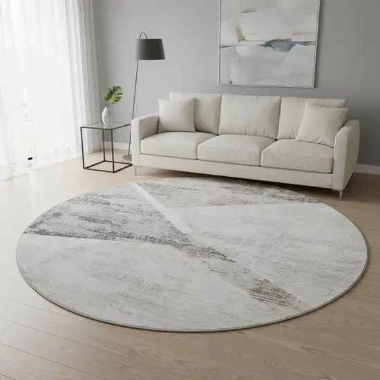 8' Silver Gray And Brown Geometric Washable Round Rug With UV Protection Photo 2
