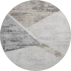 Photo of 8' Silver Gray And Brown Geometric Washable Round Rug With UV Protection