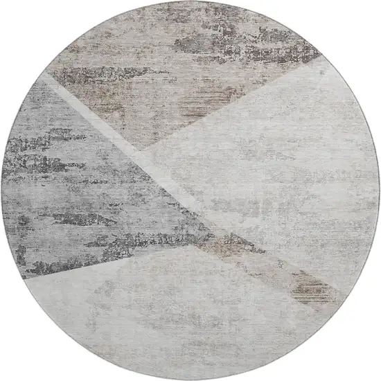8' Silver Gray And Brown Geometric Washable Round Rug With UV Protection Photo 1