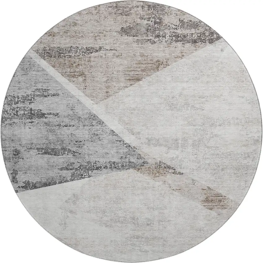 8' Silver Gray And Brown Geometric Washable Round Rug With UV Protection Photo 1