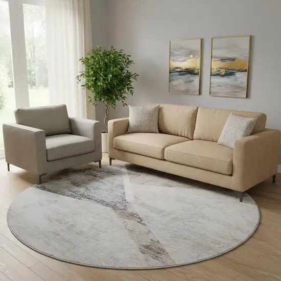 8' Silver Gray And Brown Geometric Washable Round Rug With UV Protection Photo 1